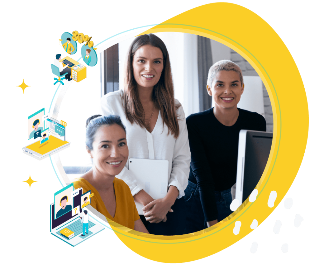 engagement collaborateur, 3 femmes salariées avec les icônes des 3 services